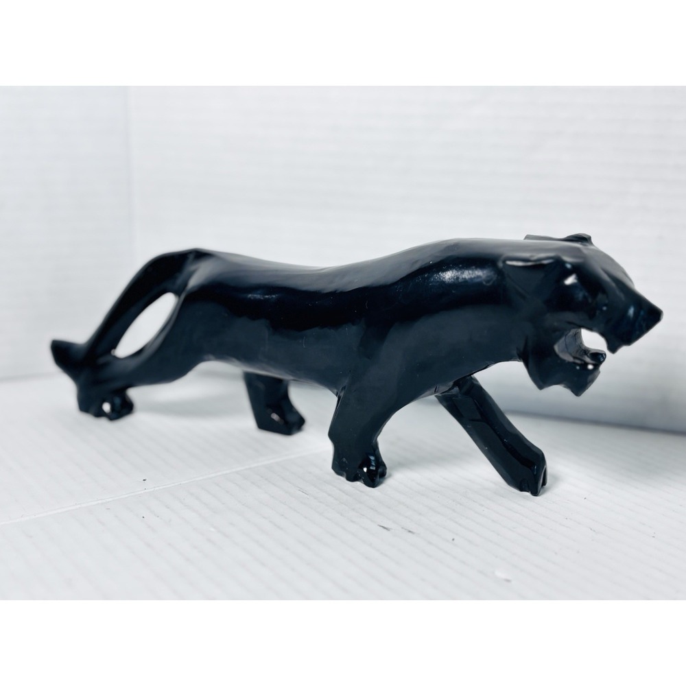 Hand Carved Black Onyx Stone Panther Cougar Figurine Sculpture 11" Art Decor